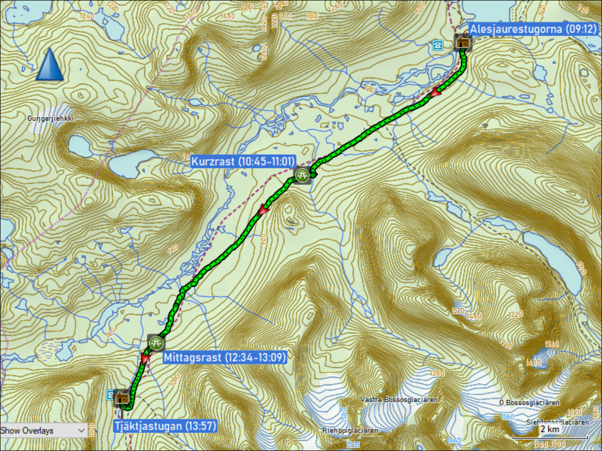 wegstrecke der wanderung von den alesjaurestugorna zur tjaektjastugan