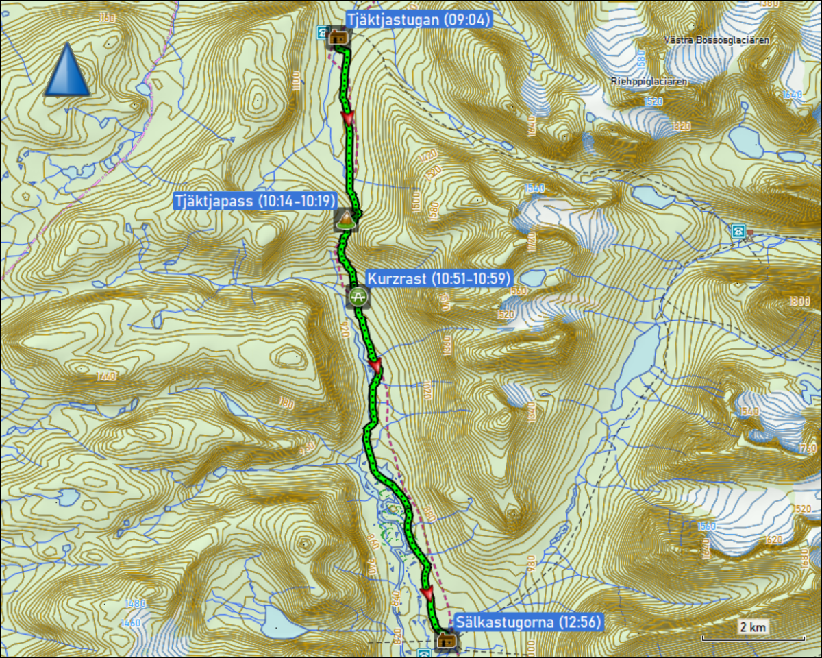 wegstrecke der wanderung von der tjaektjastugan zu den saelkastugorna