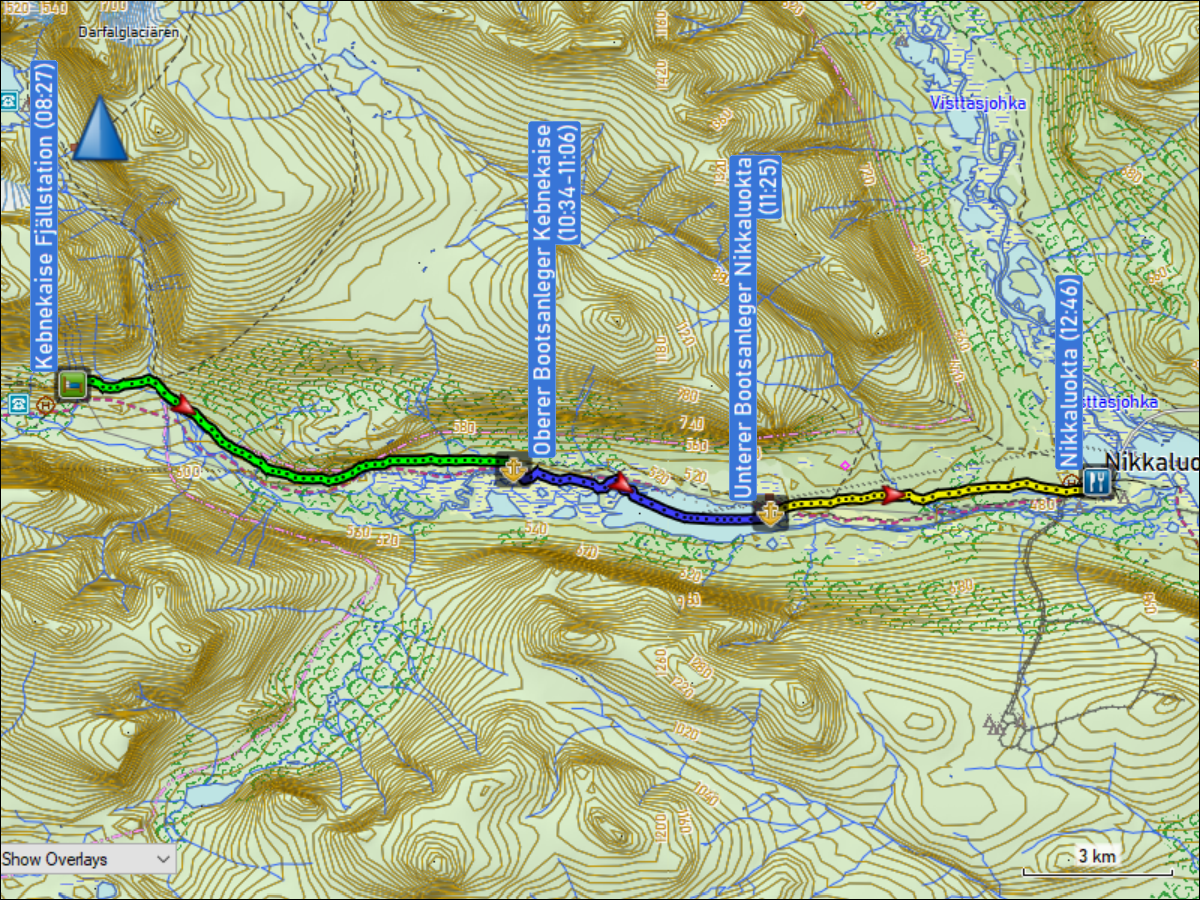wegstrecke der wanderung von der kebnekaise fjaellstation nach nikkaluokta inklusive der bootsfahrt ueber den laddjujavri