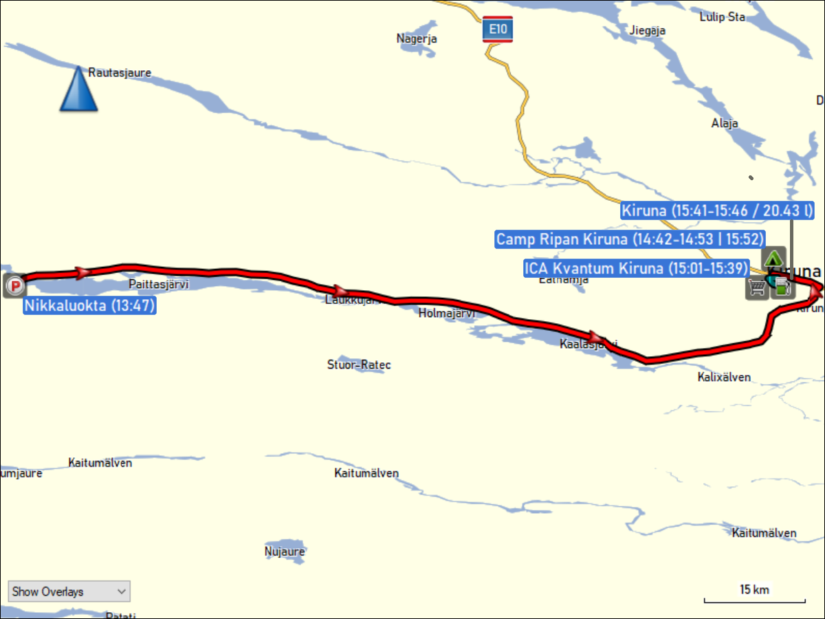 wegstrecke der fahrt von nikkaluokta zum camp ripan in kiruna sowie der fahrten in kiruna