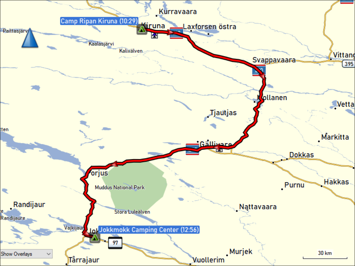 wegstrecke der fahrt vom camp ripan kiruna zum jokkmokk camping center