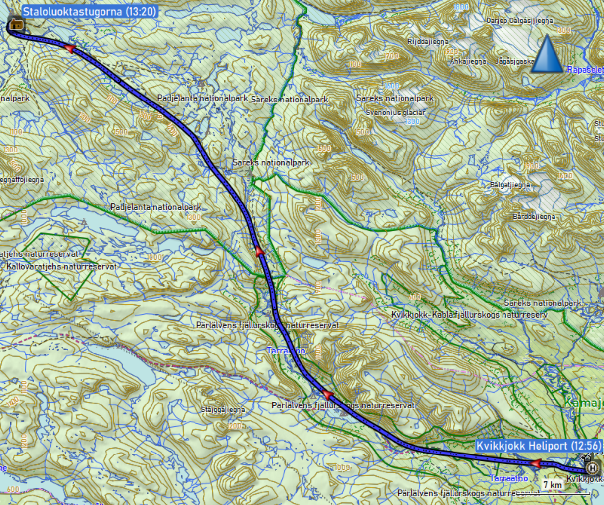 wegstrecke des helikopterfluges von kvikkjokk nach staloluokta