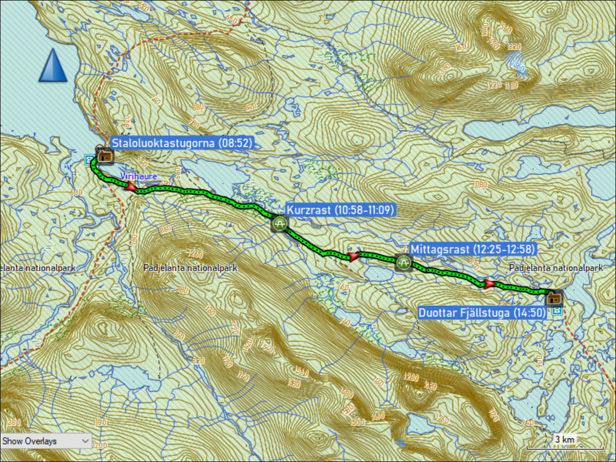 wegstrecke der wanderung von den staloluoktastugorna zur duottar fjaellstuga