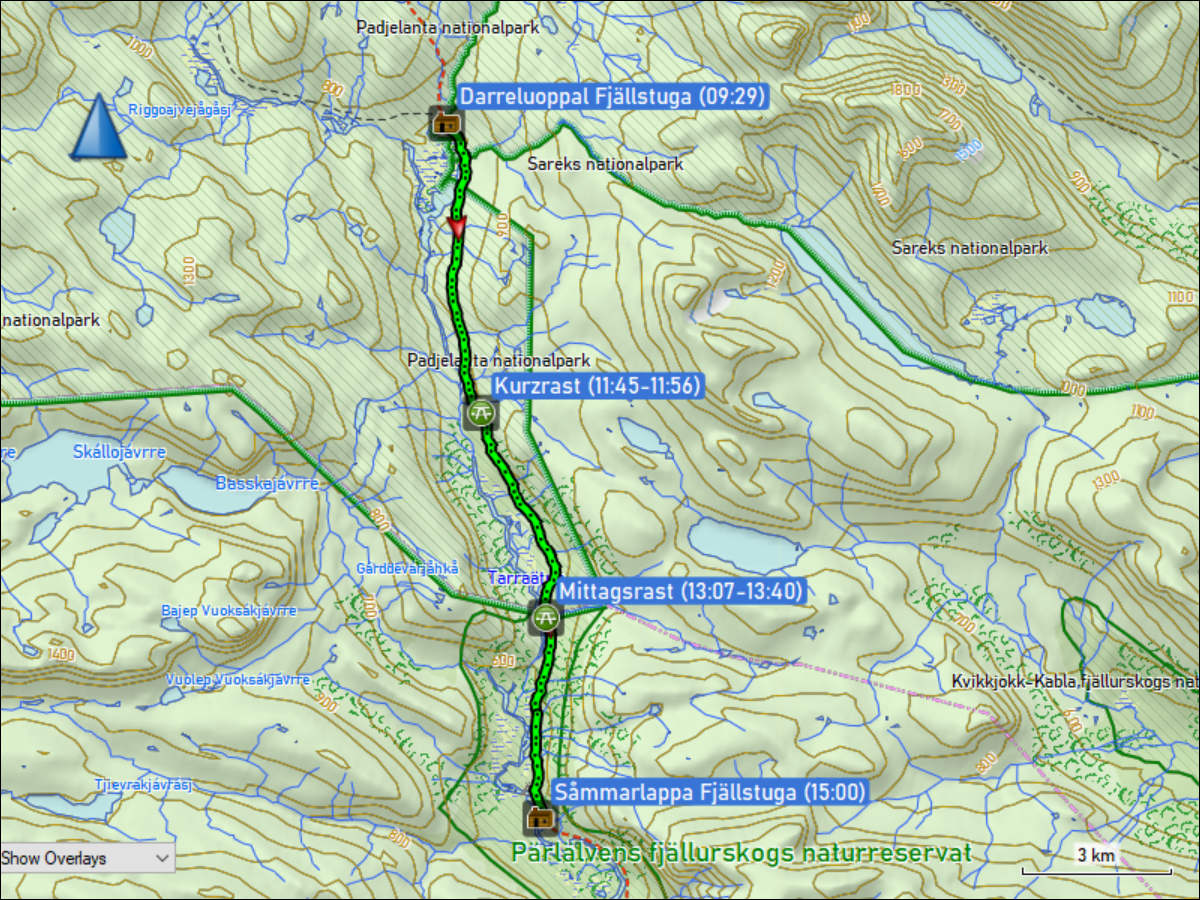 wegstrecke der wanderung von der darreluoppal fjaellstuga zur sammarlappa fjaellstuga
