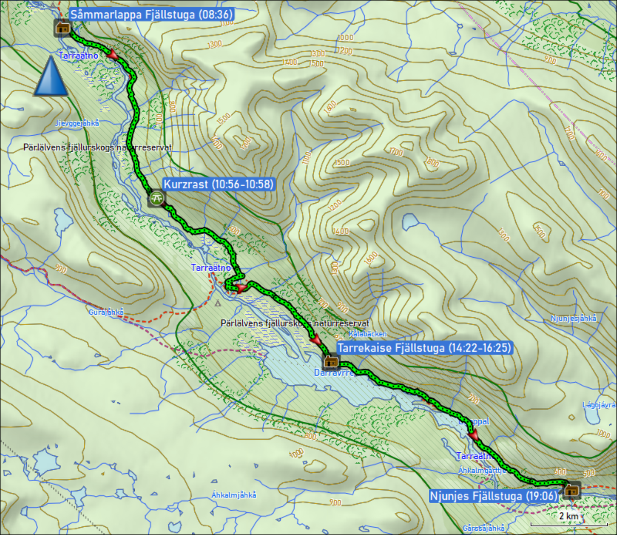wegstrecke der wanderung von der sammarlappa fjaellstuga zur niunjes fjaellstuga