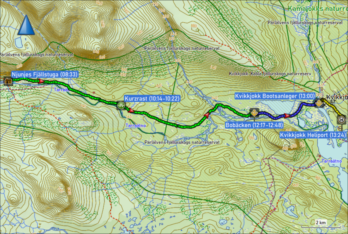 wegstrecke der wanderung von der niunjes fjaellstuga zum bootsanleger bobaecken, der ueberfahrt ueber den tarraaetno sowie des fussmarsches vom bootsanleger zum heliport kvikkjokk