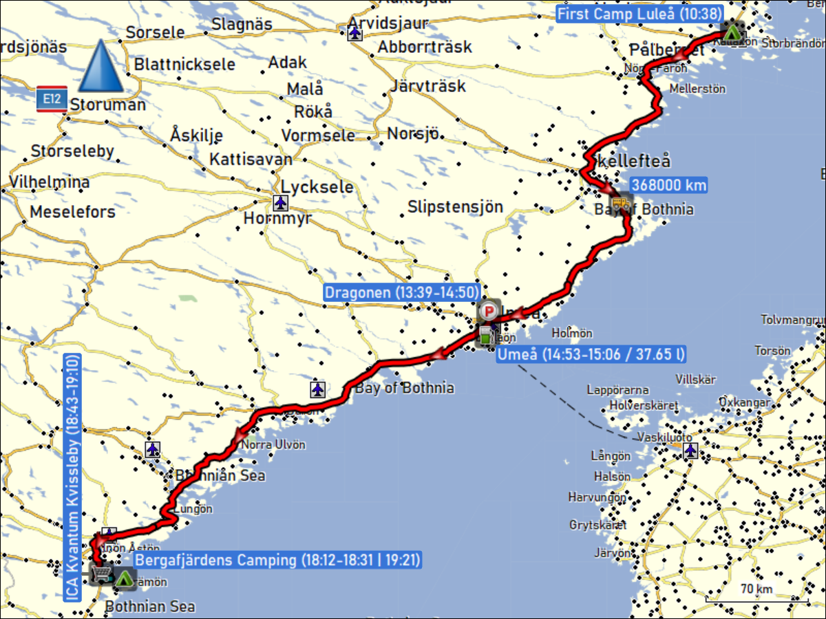 wegstrecke der fahrt vom first camp lulea zum bergafjaerdens camping sowie der fahrt vom bergafjaerdens camping zum ICA Kvantum kvissleby und zurueck