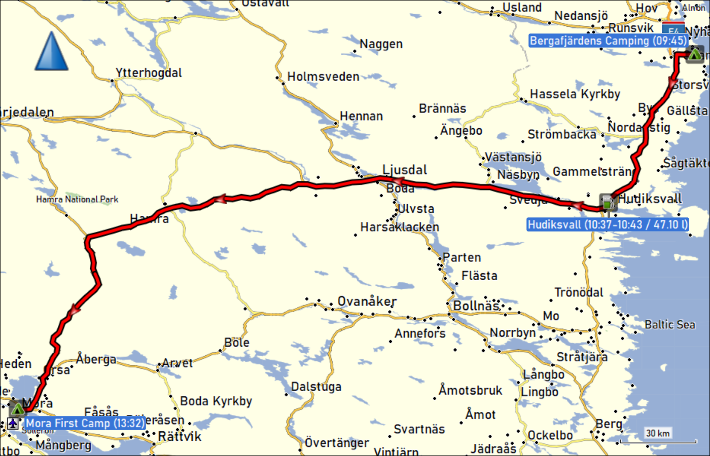 wegstrecke der fahrt vom bergafjaerdens camping zum mora first camp