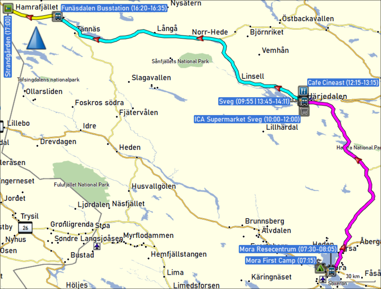 wegstrecke der busfahrten vom mora resecentrum via sveg nach funaesdalen sowie der fahrt mit dem taxi von funaesdalen zum strandgarden bei fjaellnaes