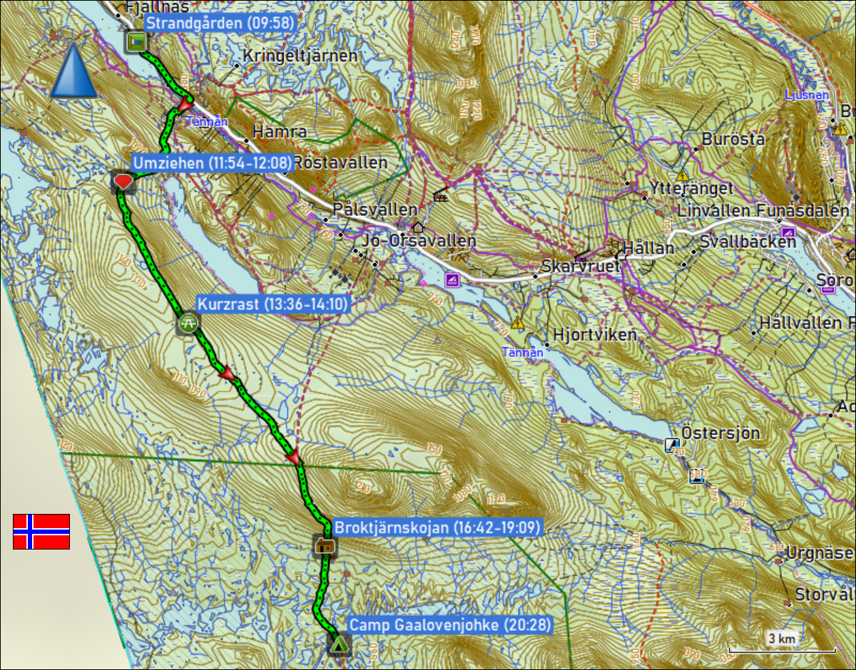 wegstrecke der wanderung vom strandgarden bei fjaellnaes zum camp gaalovenjohke