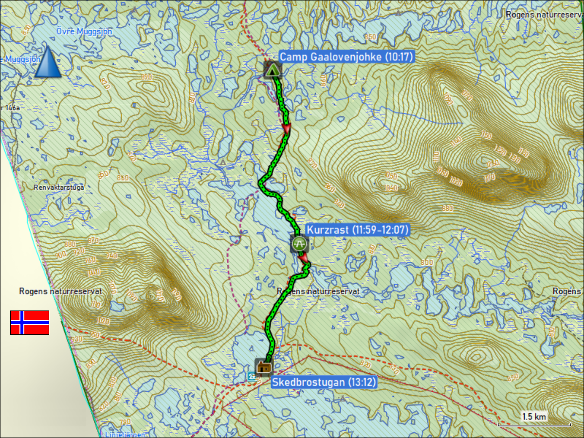 wegstrecke der wanderung vom camp gaalovenjohke zur skedbrostugan