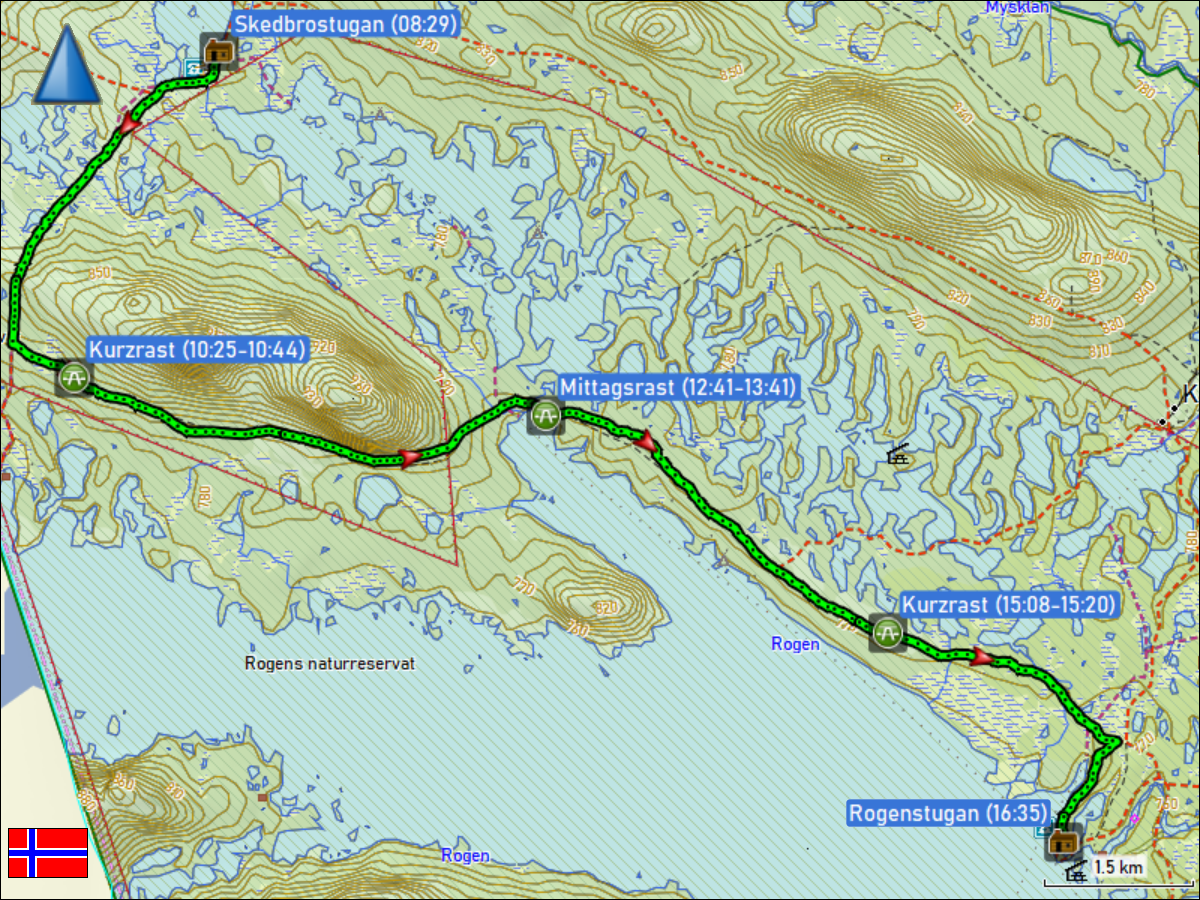 wegstrecke der wanderung von der skedbrostugan zur rogenstugan