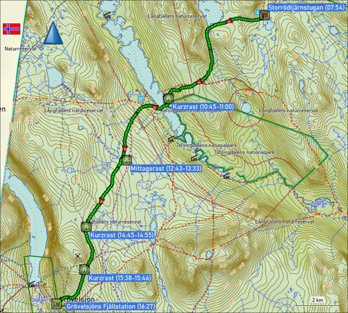 wegstrecke der wanderung von der storroedtjaernstugan zur groevelsjoen fjaellstation