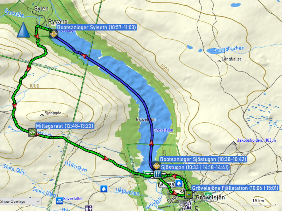 wegstrecke der bootsfahrt ueber den groevelsjoen sowie der wanderung von ryvang in norwegen entlang des salsfjellet zur sjoestugan und weiter bis zur groevelsjoen fjaellstation