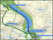 karte und hoehenprofil der bootsfahrt ueber den groevelsjoen sowie der wanderung von ryvang in norwegen entlang des salsfjellet zur sjoestugan und weiter bis zur groevelsjoen fjaellstation