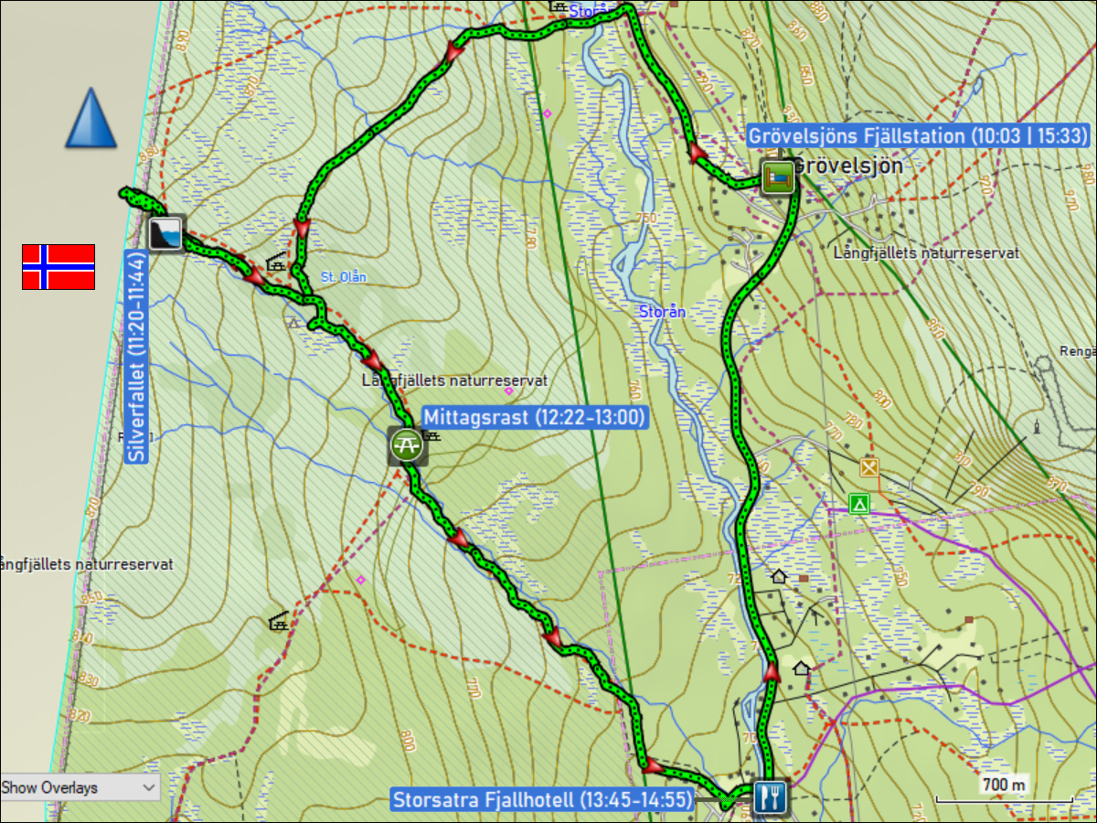 wegstrecke der rundwanderung von der groevelsjoen fjaellstation zum silverfallet und via storsatra fjaellhotell zurueck zur fjaellstation