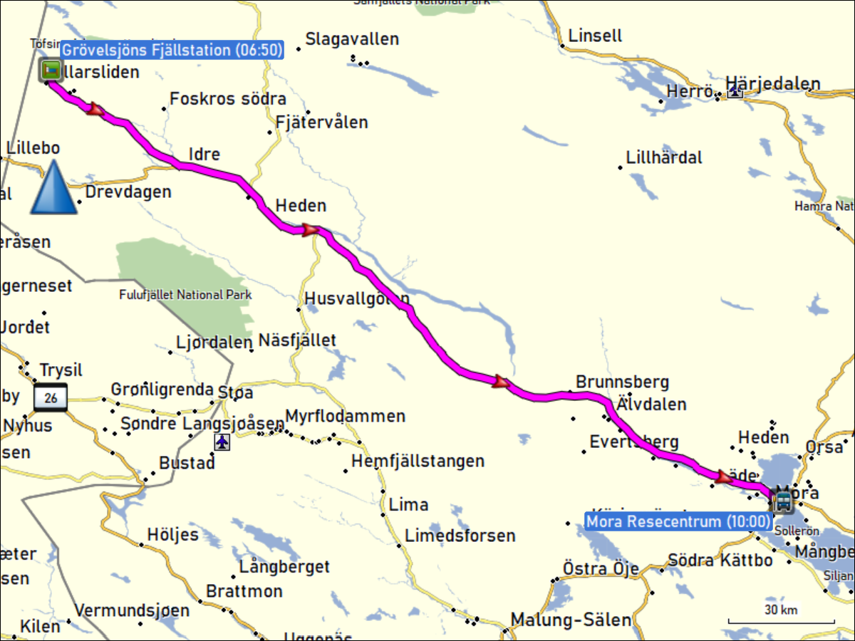 wegstrecke der busfahrt von der groevelsjoen fjaellstation zum mora resecentrum