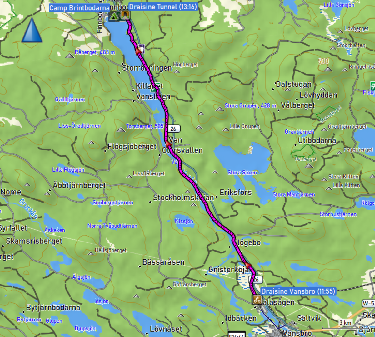 wegstrecke der fahrt mit der draisine von vansbro zum camp brintbodarna