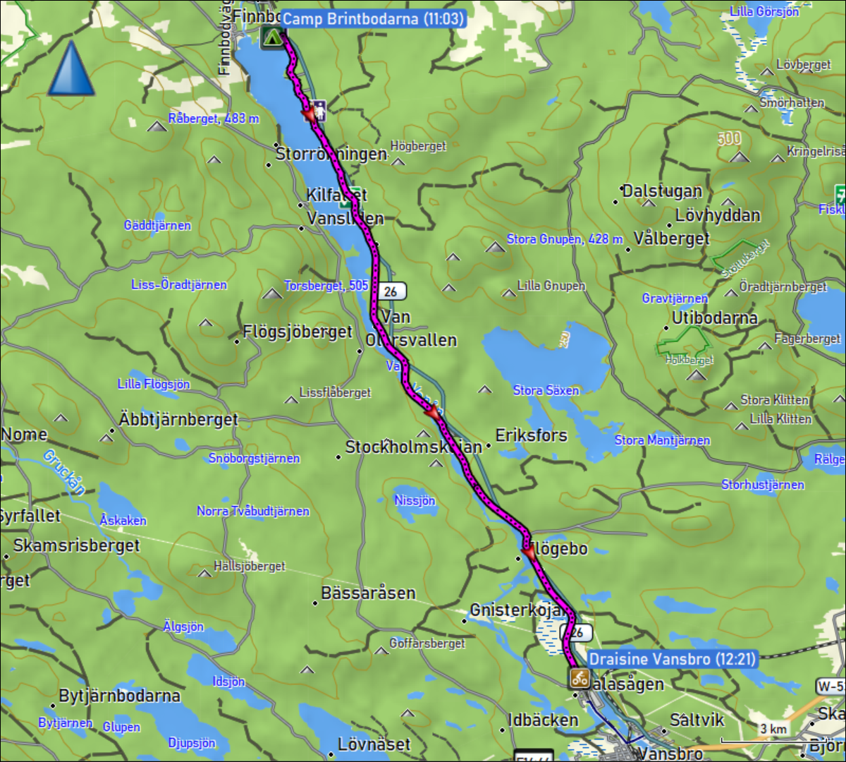 wegstrecke der fahrt mit der draisine vom camp brintbodarna nach vansbro