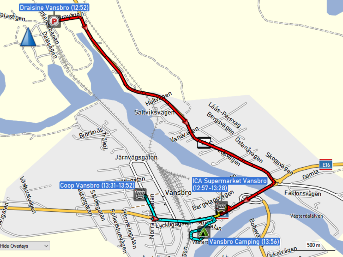 wegstrecke der fahrt vom parkplatz der draisine via ICA supermarket und coop zum vansbro camping