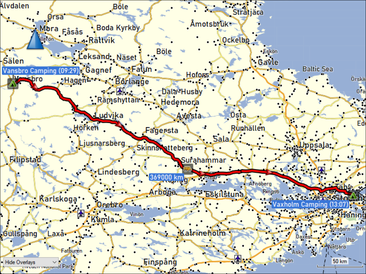 wegstrecke der fahrt vom vansbro camping zum vaxholm camping
