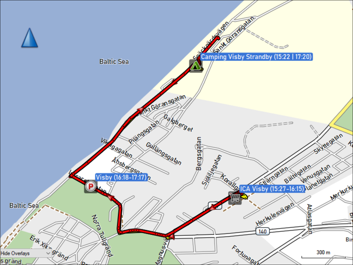 wegstrecke der fahrt vom camping visby strandby zum ICA und zurueck
