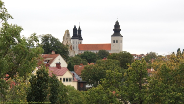 blick vom snaeckgaerdsporten richtung cathedral sankta maria in der altstadt von visby