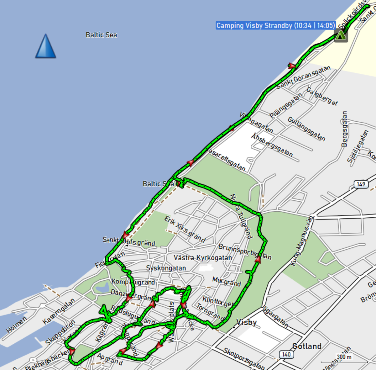 wegstrecke des stadtrundgangs in visby