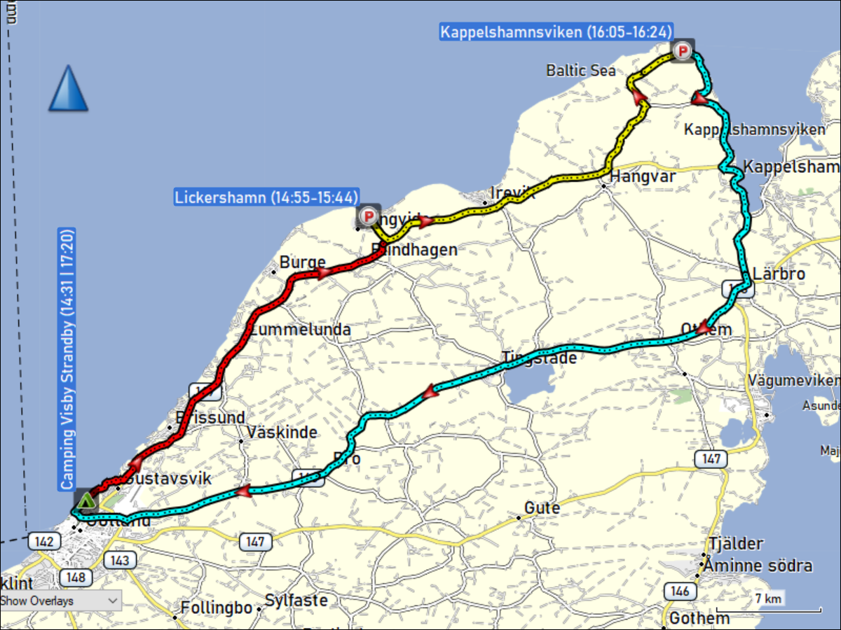 wegstrecke der fahrt vom camping visby strandby via lickershamn nach kappelshamnsviken und zurueck zum campingplatz