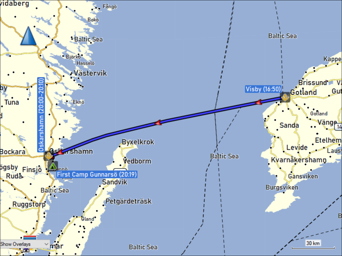 wegstrecke der ueberfahrt mit der faehre von visby nach oskarshamn sowie fahrt vom hafen zum first camp gunnarsoe bei oskarshamn