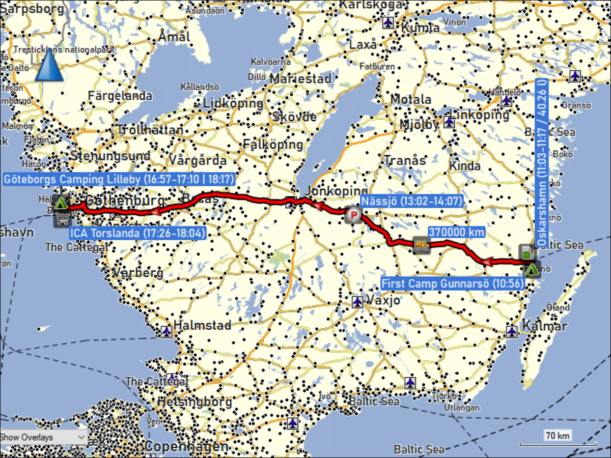 wegstrecke der fahrt vom first camp gunnarsoe bei oskarshamn zum goeteborg camping lilleby sowie fahrt vom campingplatz zum ICA torslanda und zurueck