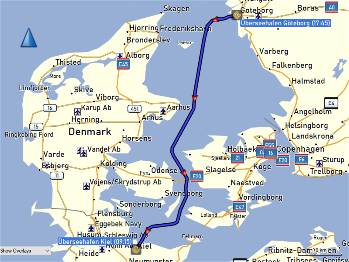 wegstrecke der ueberfahrt mit der faehre stena scandinavica von goeteborg nach kiel