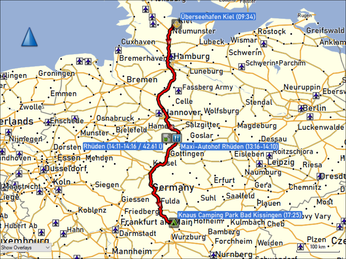 wegstrecke der fahrt vom ueberseehafen kiel zum camping park bad kissingen