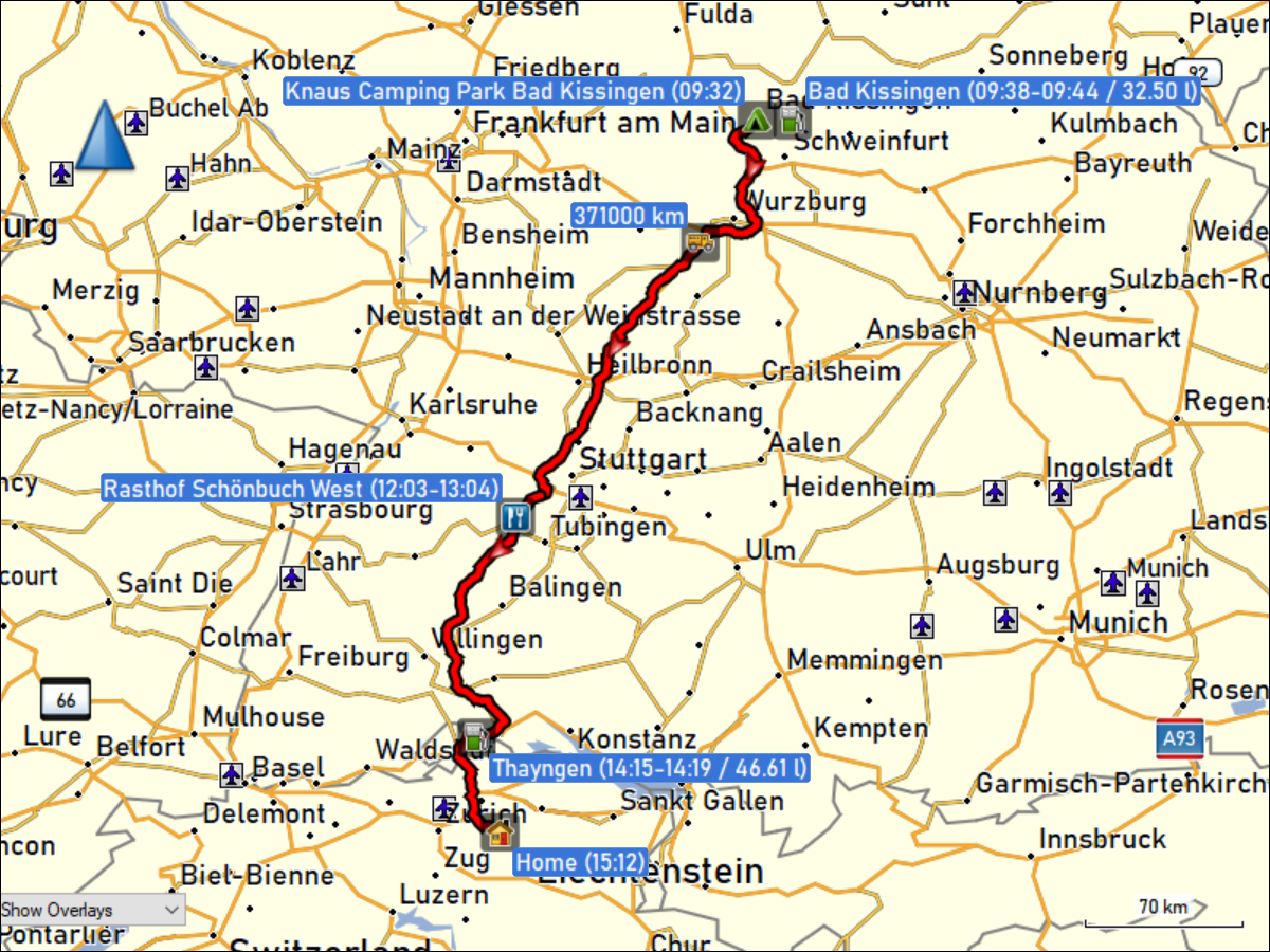 wegstrecke der fahrt vom camping park bad kissingen nach daheim