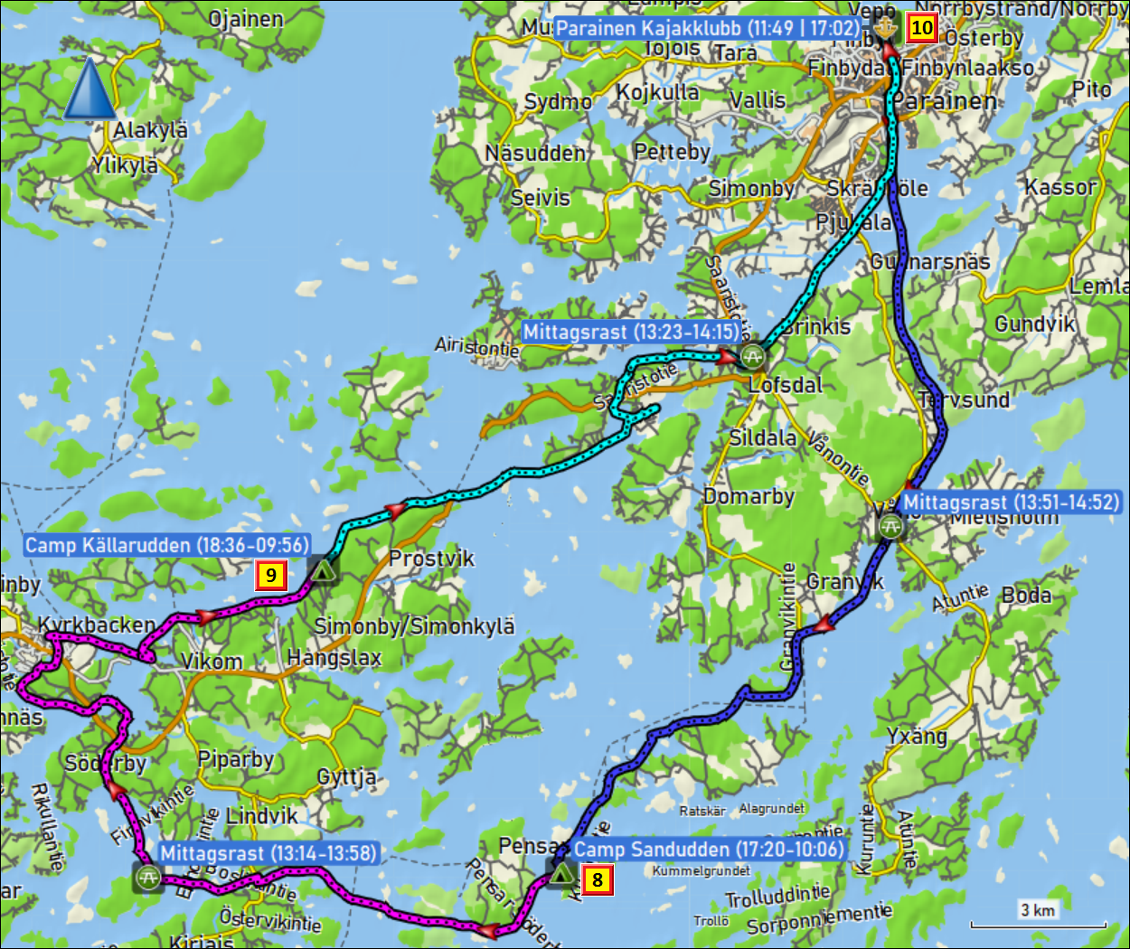 zurueckgelegte wegstrecke kajaktour bei parainen