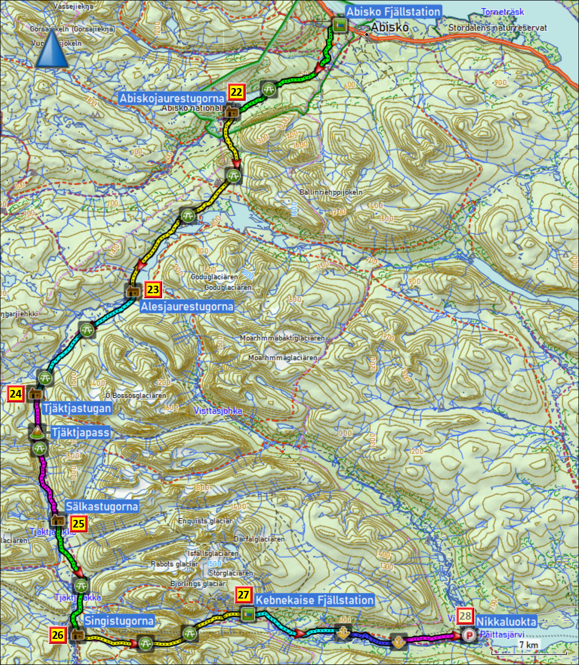 zurueckgelegte wegstrecke wanderung auf dem noerdlichen kungsleden zwischen abisko und nikkaluokta mit tageszielen
