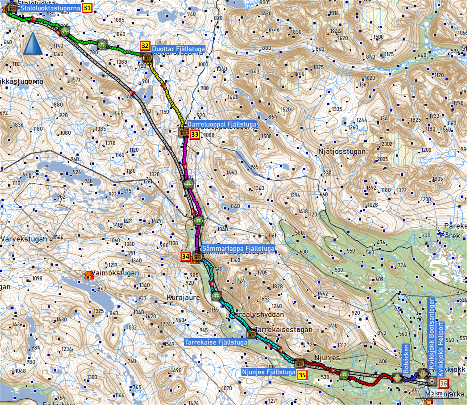 zurueckgelegte wegstrecke wanderung auf dem suedlichen abschnitt des padjelantaleden zwischen staloluokta und kvikkjokk mit tageszielen