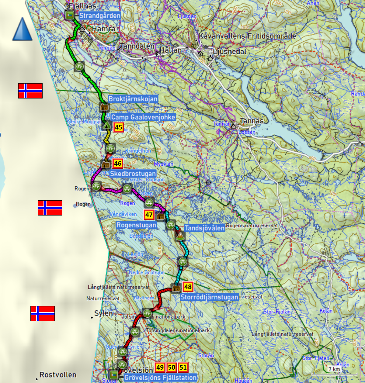 zurueckgelegte wegstrecke wanderung auf dem suedlichen kungsleden zwischen fjaellnaes und groevelsjoen mit tageszielen