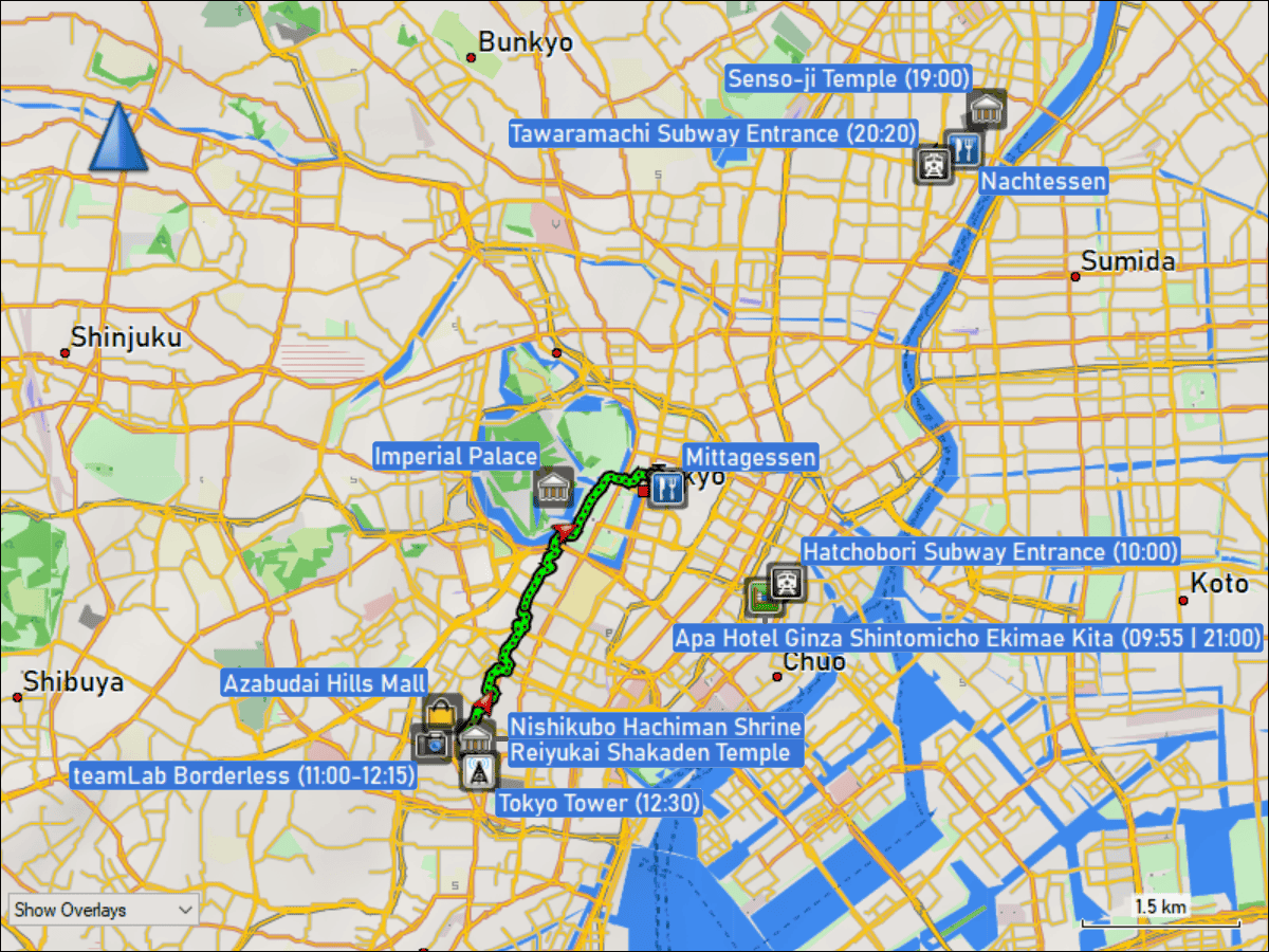 wegstrecken und orte in tokyo