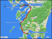 karte der fahrt von obama via akune nach kagoshima einschliesslich der ueberfahrt mit der faehre von shimabara nach kumamoto
