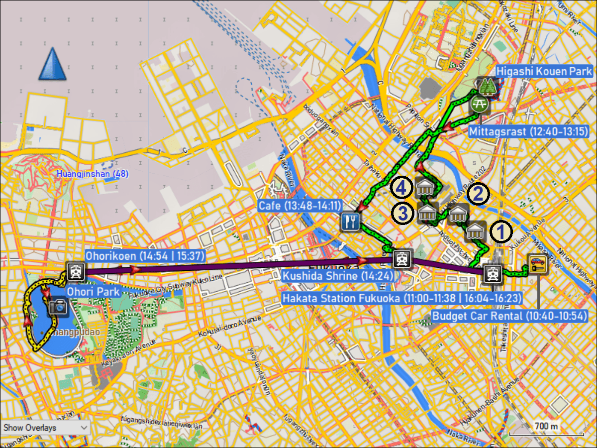 wegstrecke der fussmaersche und der fahrten mit der u-bahn in fukuoka