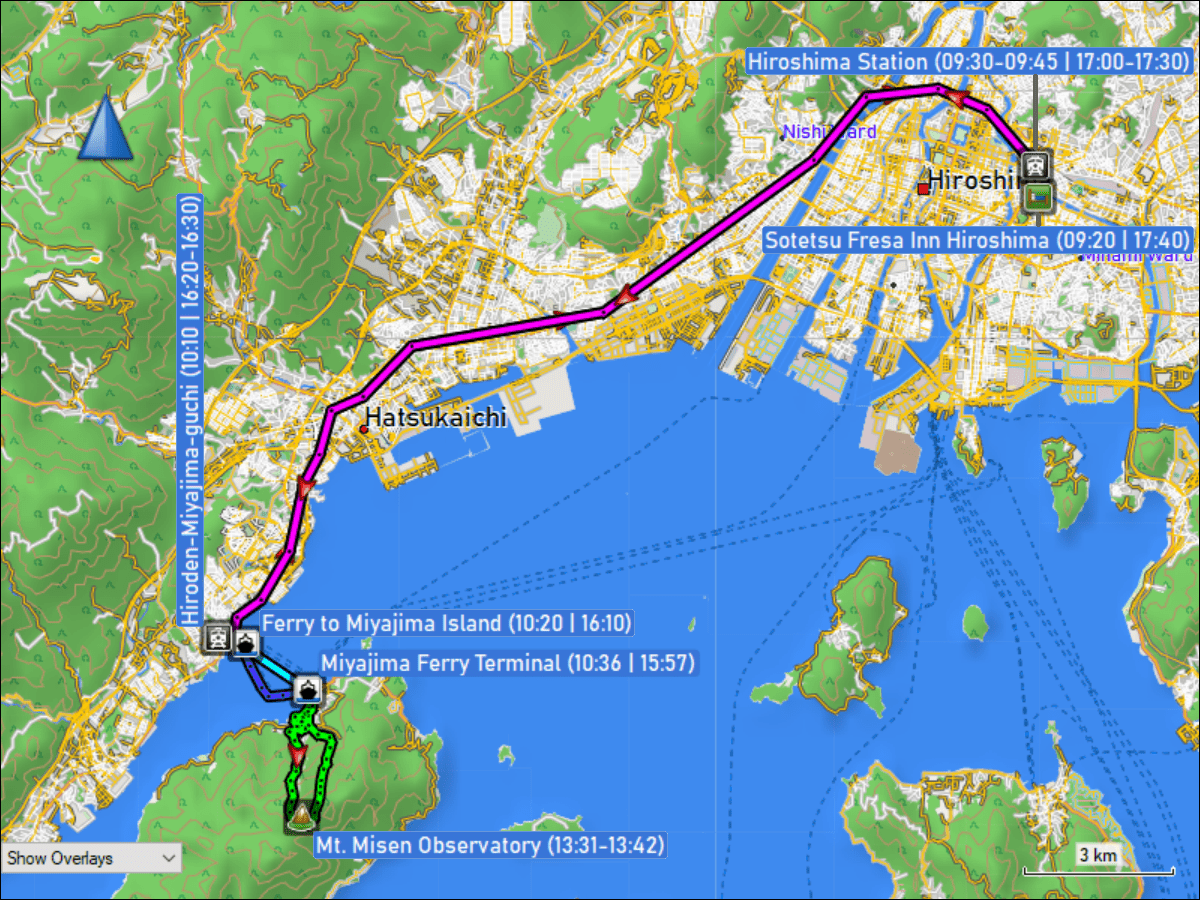 wegstrecke der fahrt mit dem zug von hiroshima nach miyajima-guchi, ueberfahrt mit der faehre auf die insel miyajima und mit faehre und zug zurueck nach hiroshima