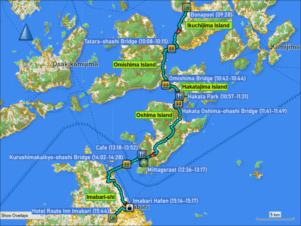 wegstrecke der radtour vom hotel bonapool auf der insel ikuchijima zum hotel route inn in imabari