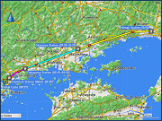 karte der fahrt mit dem regionalzug von onomichi nach fukuyama und der fahrten mit dem shinkansen von fukuyama via okayama nach himeji sowie karte des fussmarsches in himeji vom bahnhof via comfort hotel zum schloss, zum cafe, zum koko-en garten und zurueck zum hotel