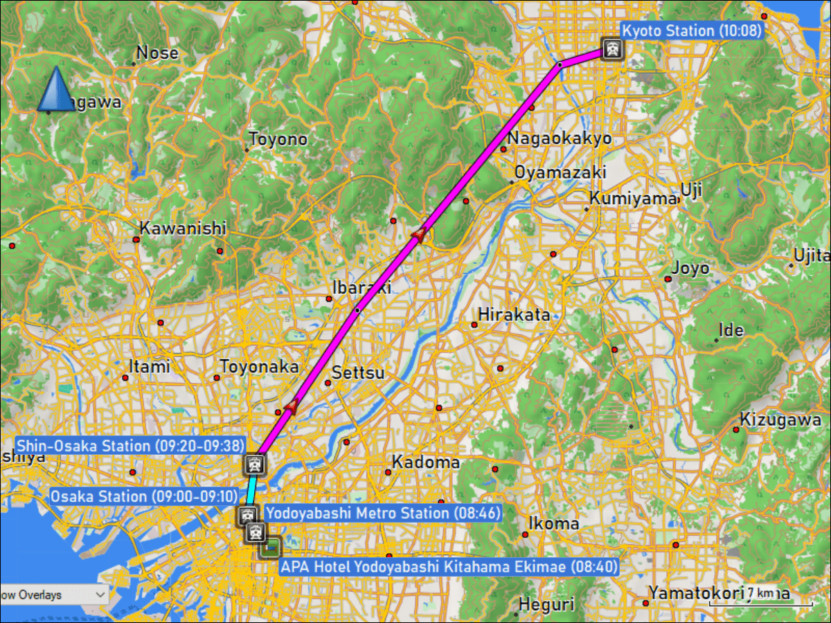 wegstrecke der fahrt mit dem lokalzug vom bahnhof osaka zum bahnhof shin-osaka und der fahrt mit dem limited express vom bahnhof shin-osaka zum bahnhof kyoto