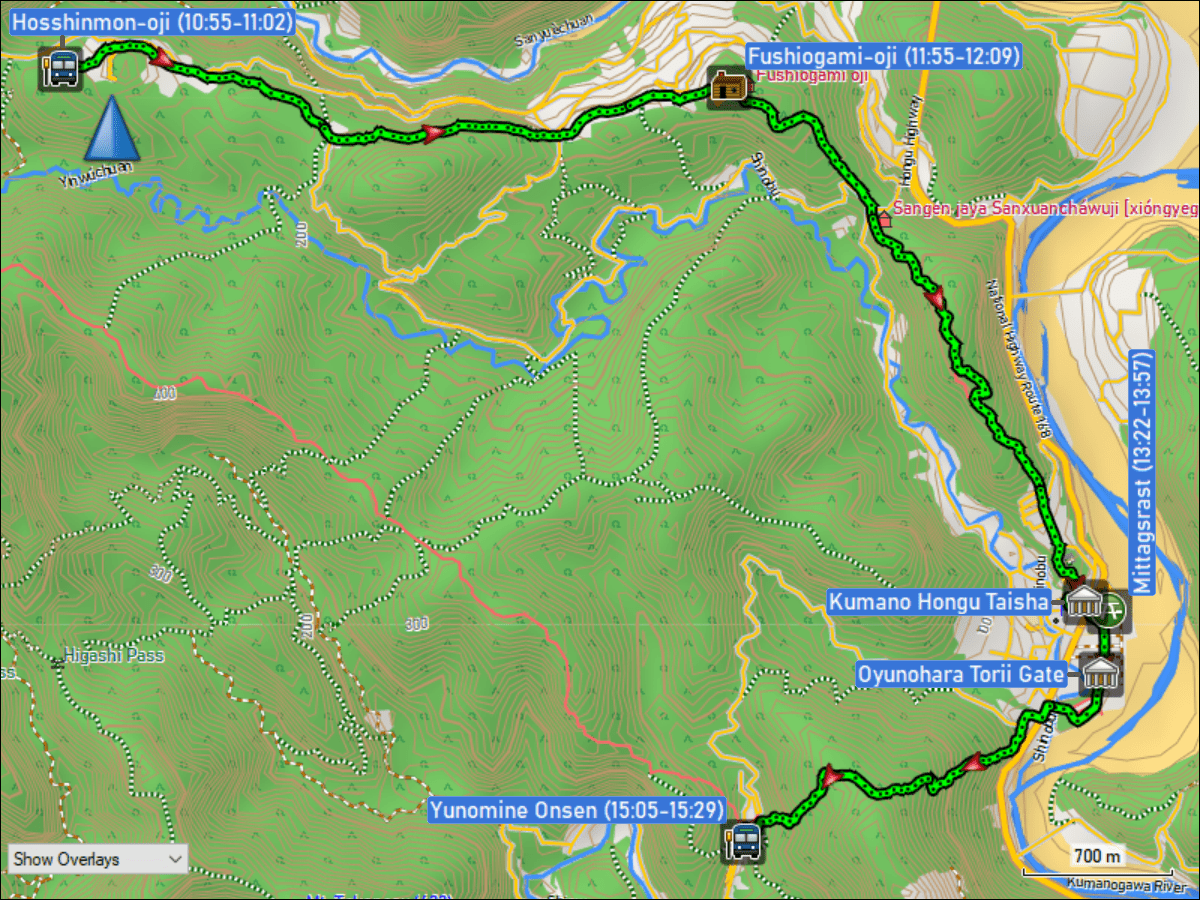 wegstrecke der wanderung ueber den kumano kodo von der bushaltestelle hosshinmon-oji via hongu zur bushaltestelle beim yunomine onsen