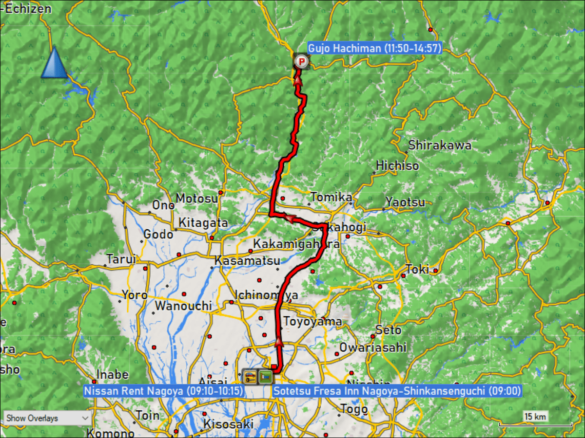 wegstrecke der fahrt vom nissan autoverleih in nagoya nach gujo hachiman