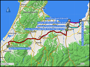 karte der fahrt von kanazawa nach toyama, der fahrt vom toyama chitetsu hotel via supermarkt ohsakaya shirokawahara zum parkplatz bei der iwasehama beach, der fahrt vom parkplatz zum hotaruika museum sowie der fahrt zurueck zum hotel