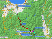 karte und hoehenprofil der fahrt vom toyama chitetsu hotel via besucherzentrum hirayu/parkplatz akandana zum raicho onsen inn bei norikura, matsumoto sowie der busfahrt von akandana nach kamikochi und zurueck plus karte der rundwanderung bei kamikochi