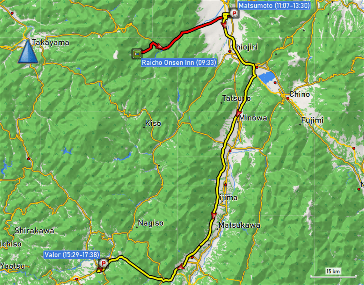 wegstrecke der fahrt vom raicho onsen inn in norikura via matsumoto zum parkhaus des einkaufszentrum valor in nakatsugawa
